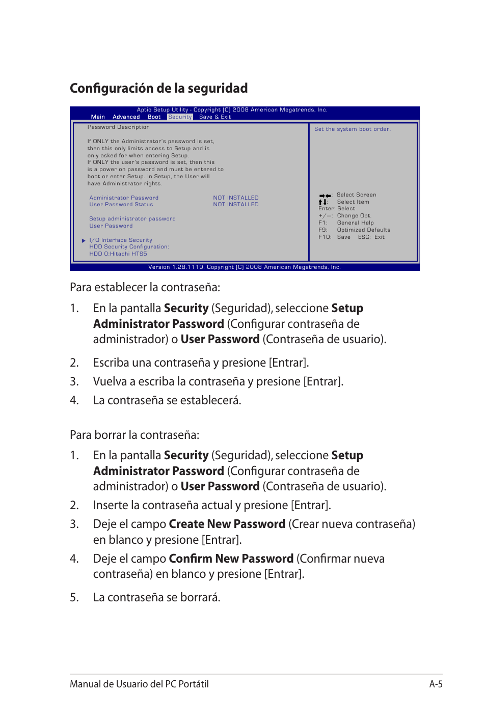 Configuración de la seguridad, Manual de usuario del pc portátil a-5 | Asus X5MTK User Manual | Page 79 / 114