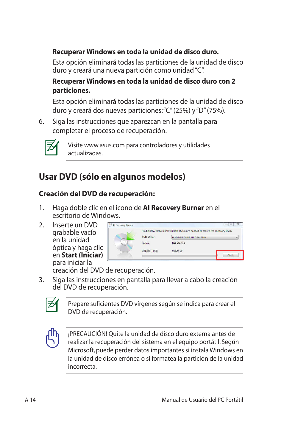 Usar dvd (sólo en algunos modelos) | Asus X5MTK User Manual | Page 88 / 114