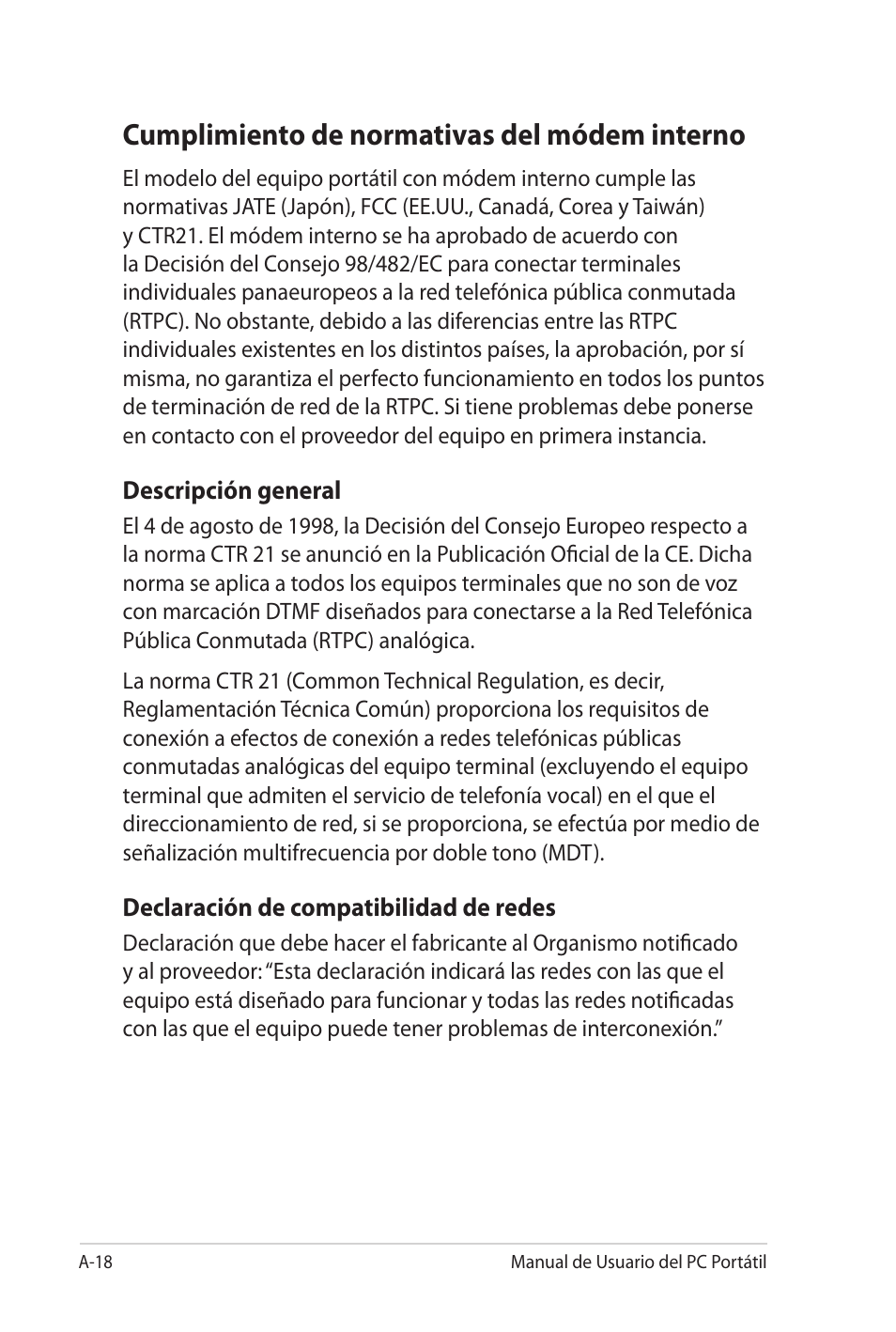 Cumplimiento de normativas del módem interno | Asus X5MTK User Manual | Page 92 / 114