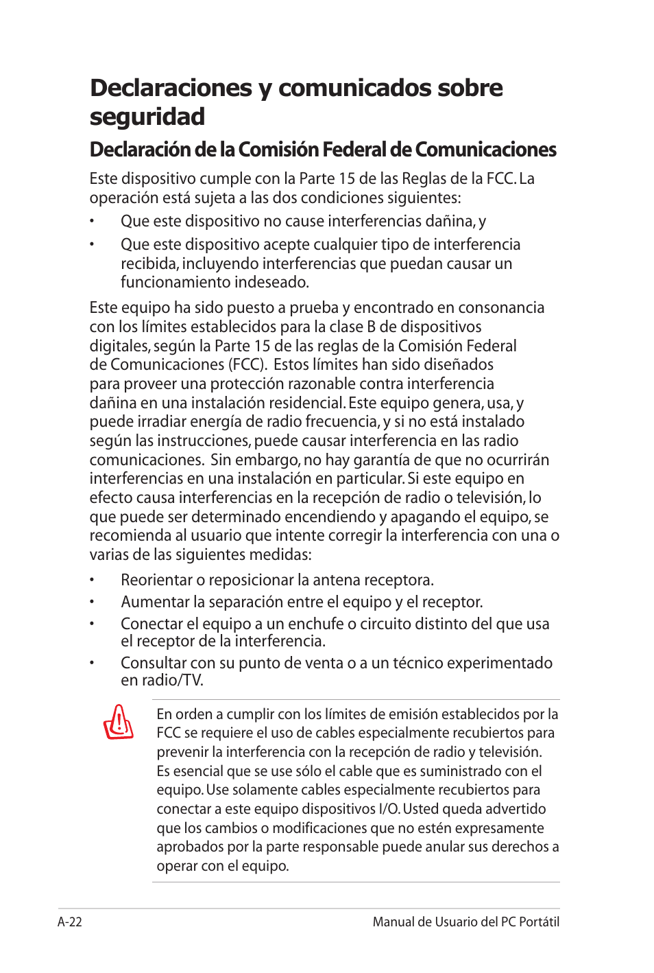 Declaraciones y comunicados sobre seguridad | Asus X5MTK User Manual | Page 96 / 114