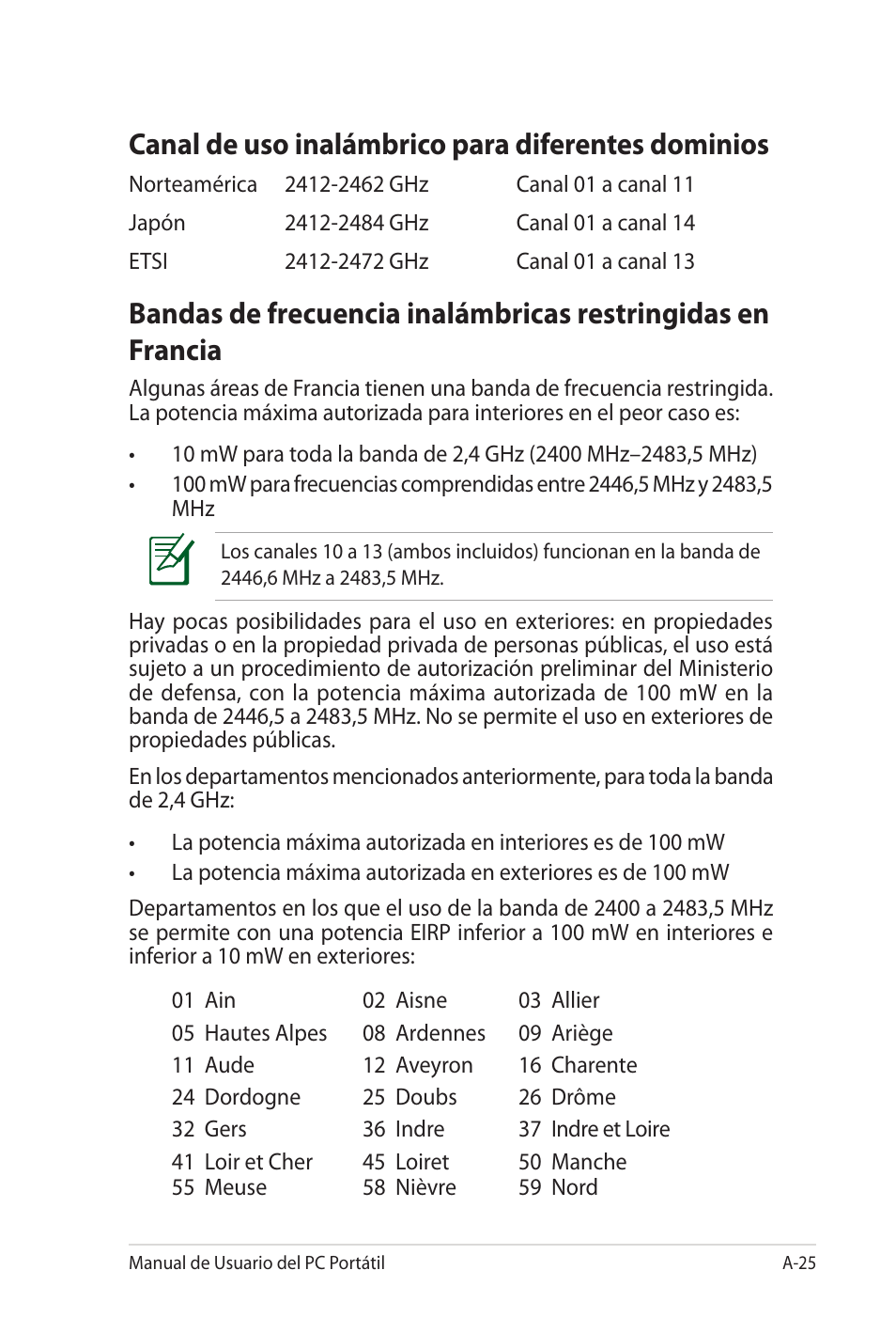 Canal de uso inalámbrico para diferentes dominios | Asus X5MTK User Manual | Page 99 / 114