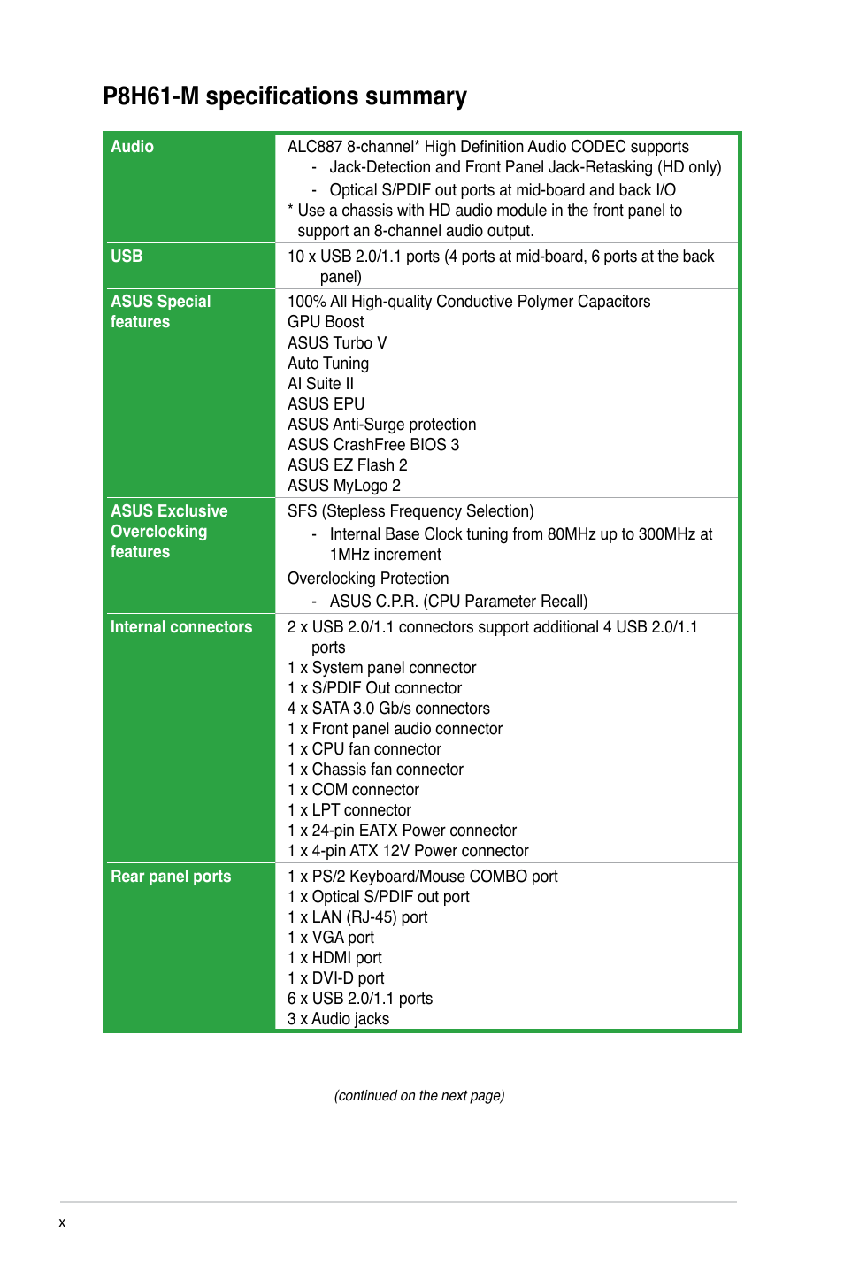 P8h61-m specifications summary | Asus P8H61-M User Manual | Page 10 / 74