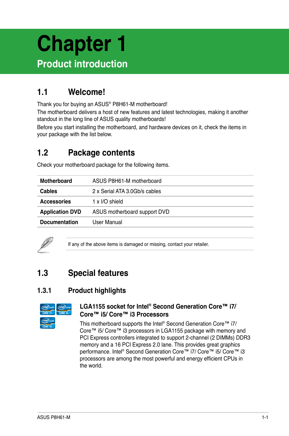 Chapter 1, Product introduction, 1 welcome | 2 package contents, 3 special features, 1 product highlights, Welcome! -1, Package contents -1, Special features -1 1.3.1, Product highlights -1 | Asus P8H61-M User Manual | Page 13 / 74