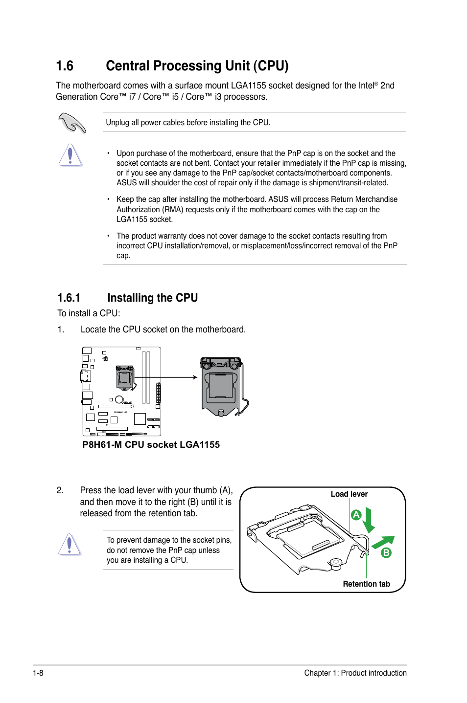 6 central processing unit (cpu), 1 installing the cpu, Central processing unit (cpu) -8 1.6.1 | Installing the cpu -8 | Asus P8H61-M User Manual | Page 20 / 74