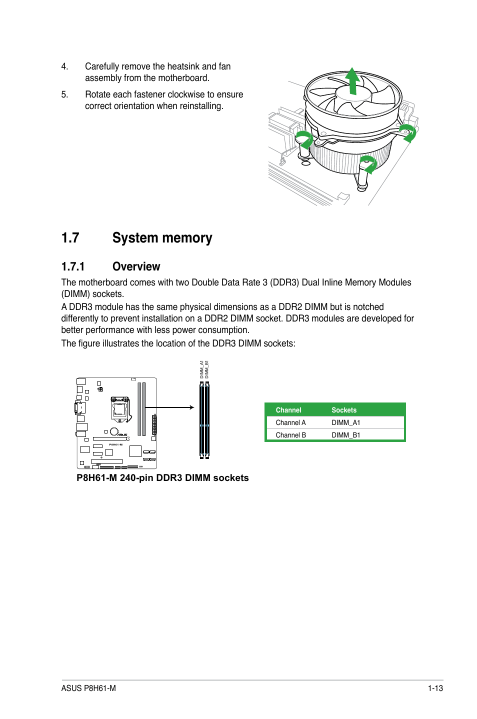 7 system memory, 1 overview, System memory -13 1.7.1 | Overview -13 | Asus P8H61-M User Manual | Page 25 / 74