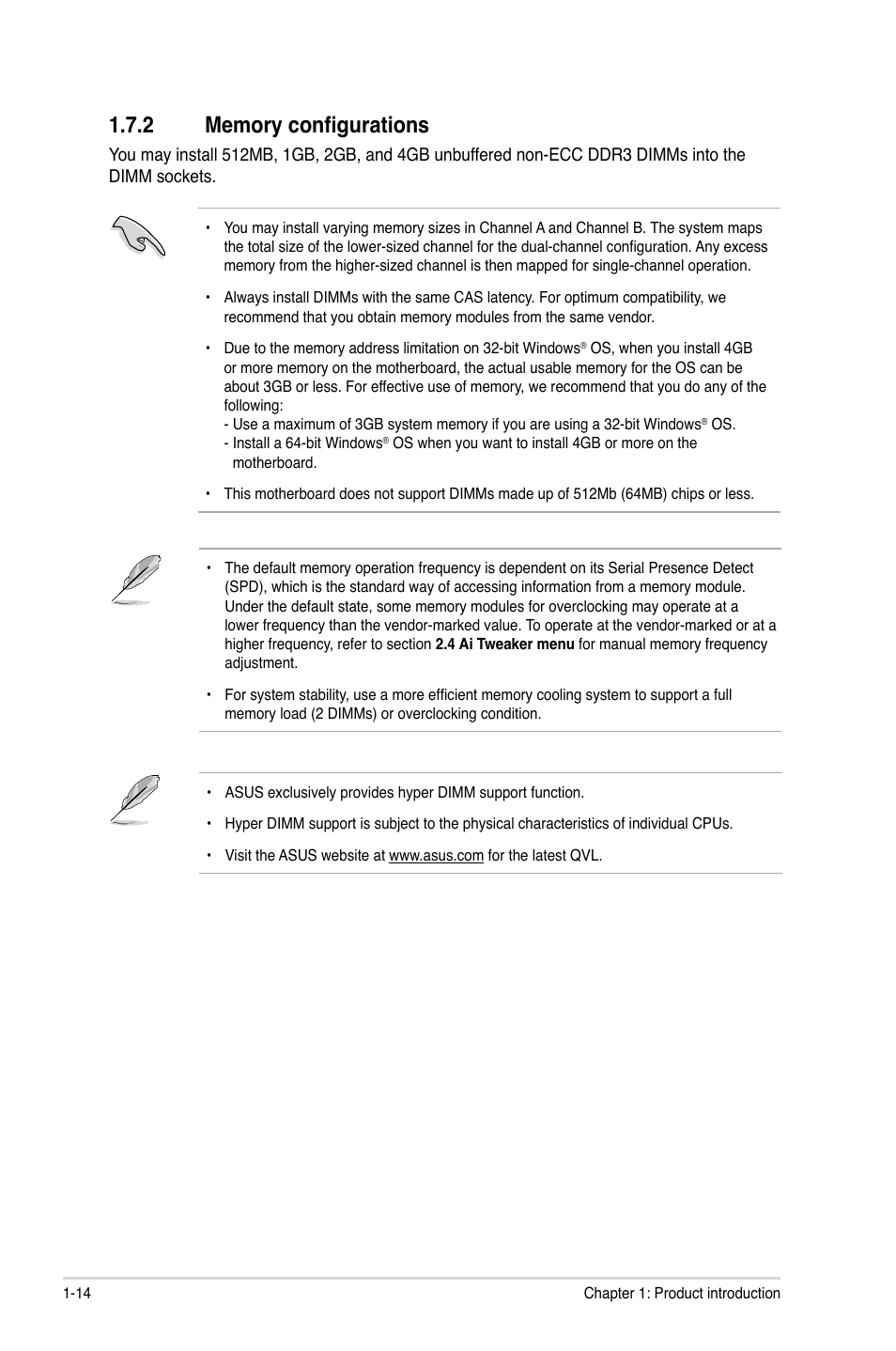 2 memory configurations, Memory configurations -14 | Asus P8H61-M User Manual | Page 26 / 74
