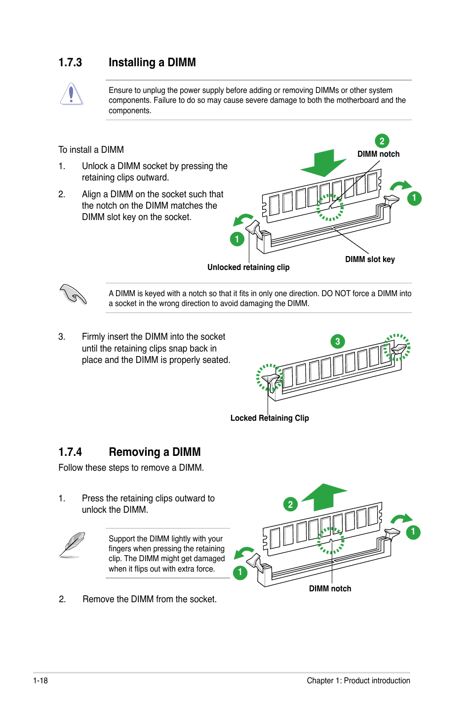 3 installing a dimm, 4 removing a dimm, Installing a dimm -18 | Removing a dimm -18 | Asus P8H61-M User Manual | Page 30 / 74