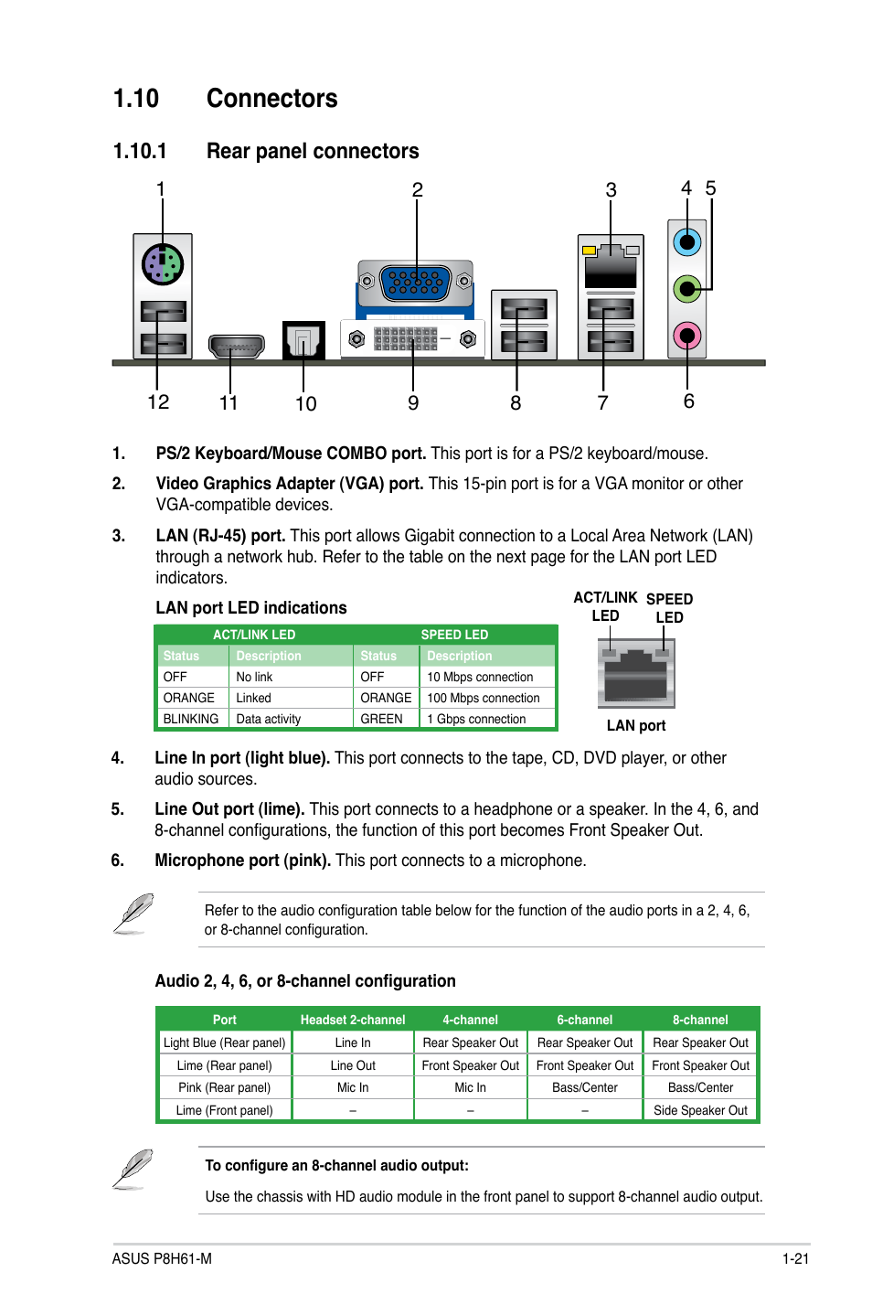 10 connectors, 1 rear panel connectors, 10 connectors -21 | 1 rear panel connectors -21 | Asus P8H61-M User Manual | Page 33 / 74