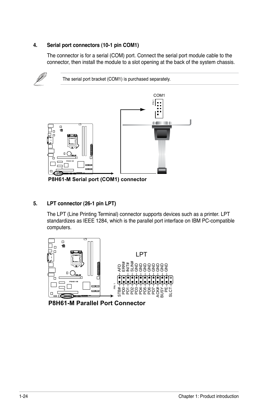 P8h61-m parallel port connector, P8h61-m serial port (com1) connector | Asus P8H61-M User Manual | Page 36 / 74