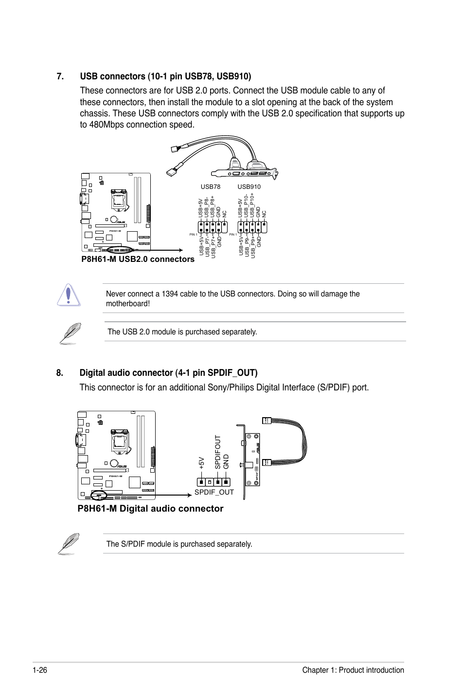 P8h61-m digital audio connector, 26 chapter 1: product introduction, The s/pdif module is purchased separately | Asus P8H61-M User Manual | Page 38 / 74