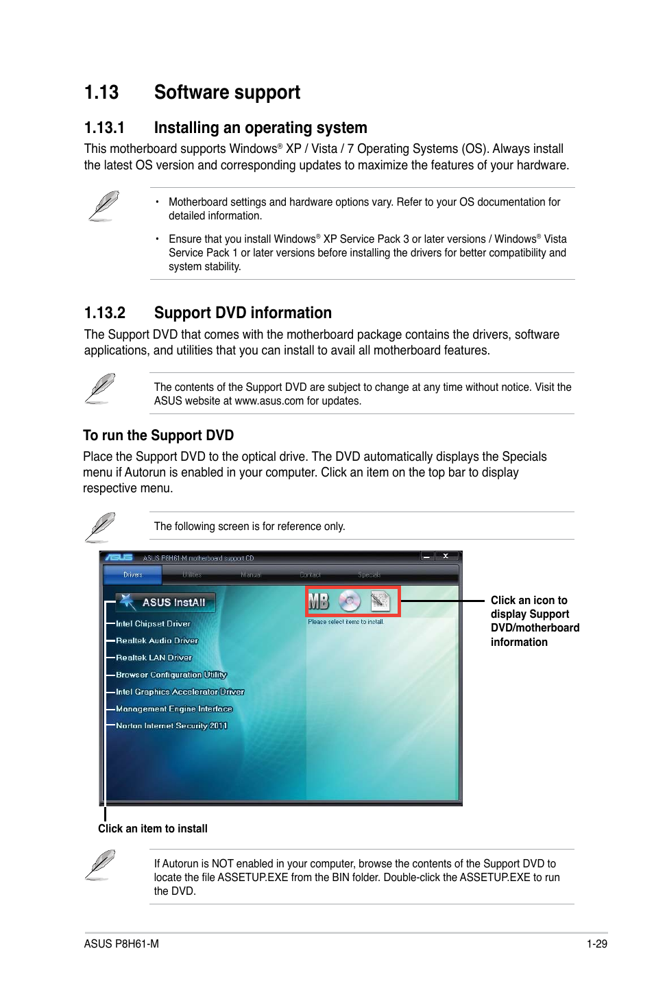 13 software support, 1 installing an operating system, 2 support dvd information | 13 software support -29 | Asus P8H61-M User Manual | Page 41 / 74