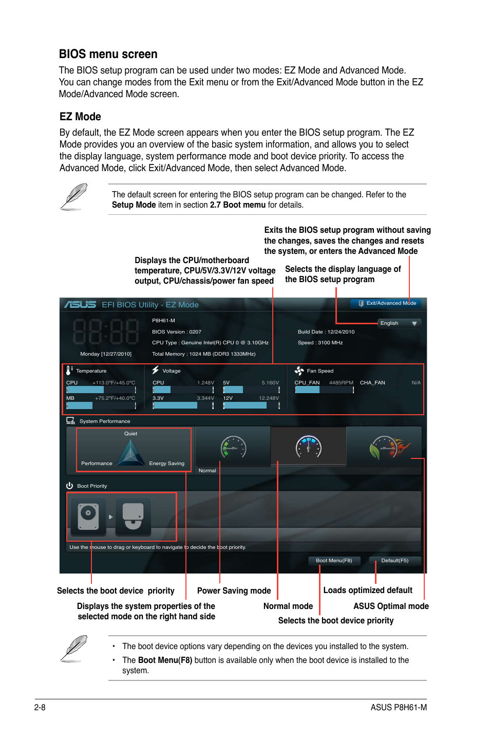 Bios menu screen, Ez mode, 8 asus p8h61-m | Asus P8H61-M User Manual | Page 50 / 74