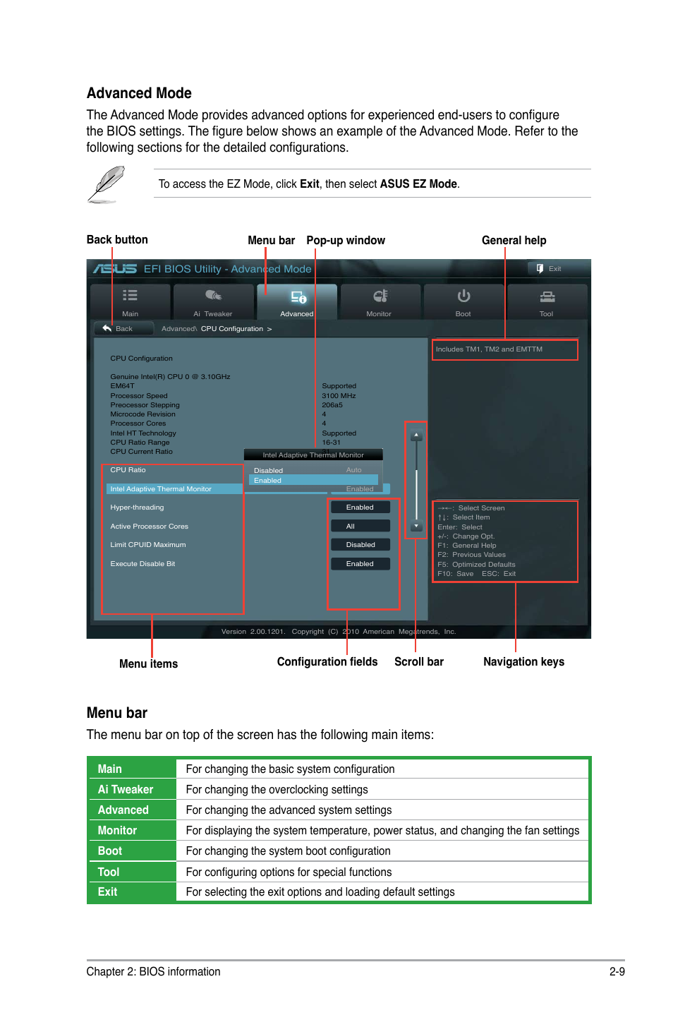 Advanced mode, Menu bar, Chapter 2: bios information 2-9 | General help menu bar menu items scroll bar, Back button, Configuration fields pop-up window | Asus P8H61-M User Manual | Page 51 / 74