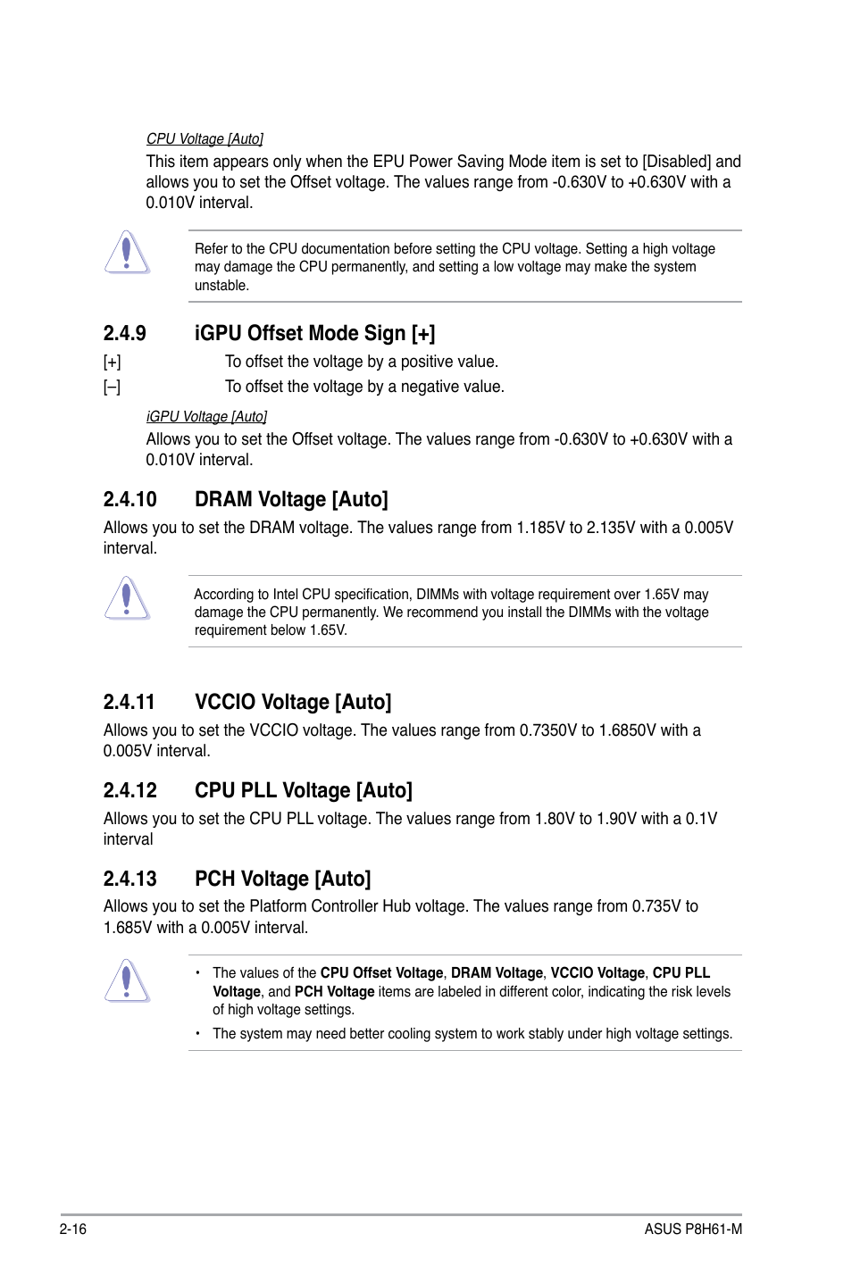 9 igpu offset mode sign, 10 dram voltage [auto, 11 vccio voltage [auto | 12 cpu pll voltage [auto, 13 pch voltage [auto, Igpu offset mode sign -16 | Asus P8H61-M User Manual | Page 58 / 74