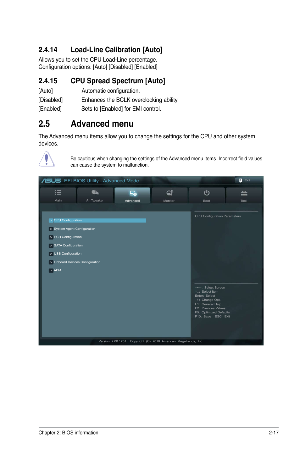 14 load-line calibration [auto, 15 cpu spread spectrum [auto, 5 advanced menu | Advanced menu -17 | Asus P8H61-M User Manual | Page 59 / 74