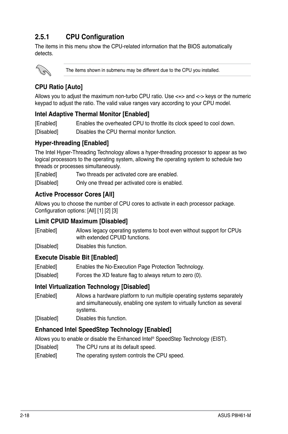 1 cpu configuration, Cpu configuration -18 | Asus P8H61-M User Manual | Page 60 / 74