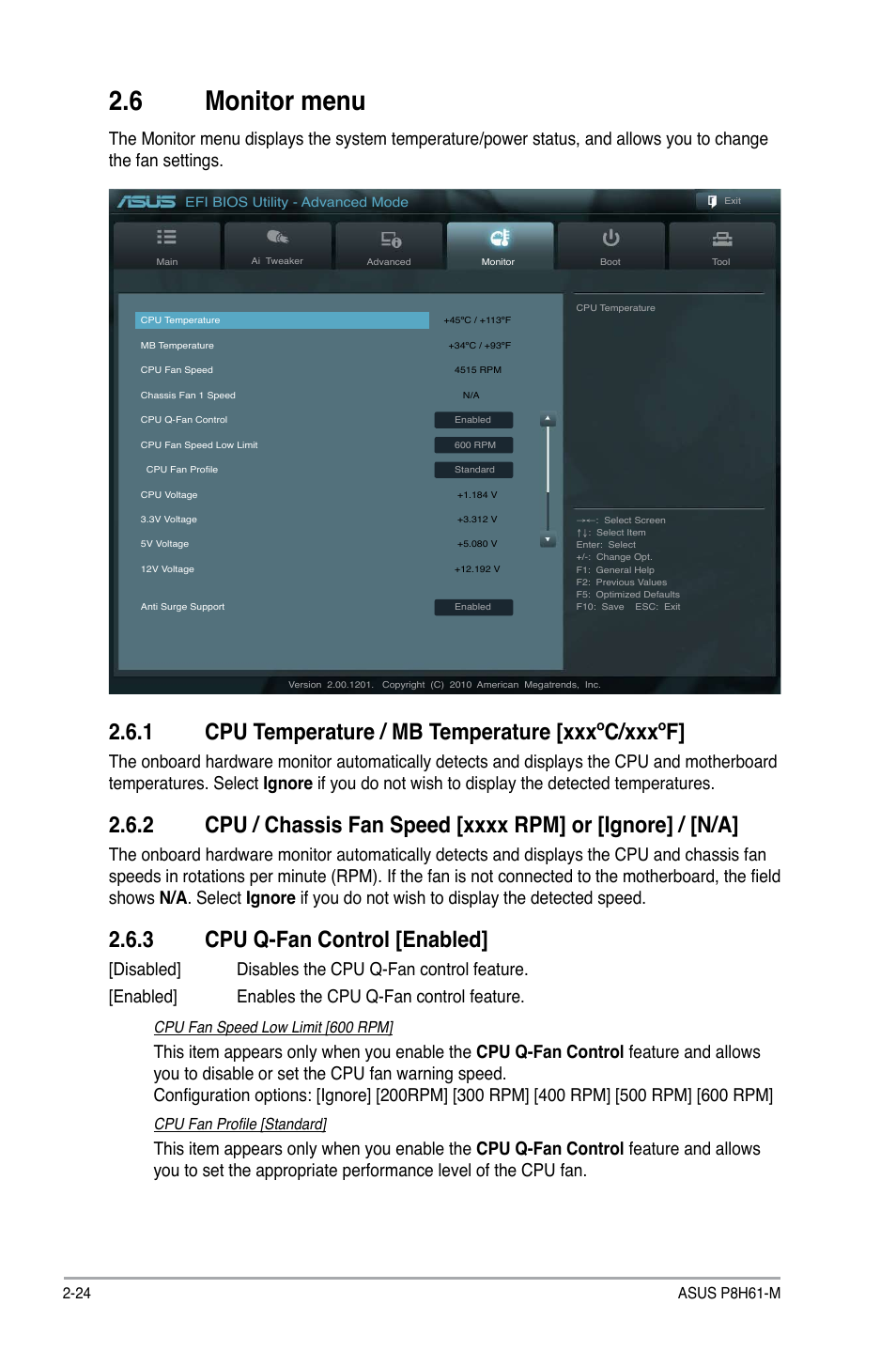 6 monitor menu, 1 cpu temperature / mb temperature [xxxºc/xxxºf, 3 cpu q-fan control [enabled | Monitor menu -24 2.6.1, Cpu temperature / mb temperature -24, Cpu / chassis, Speed -24, Cpu q-fan control -24, Cpu fan speed low limit [600 rpm, Cpu fan profile [standard | Asus P8H61-M User Manual | Page 66 / 74