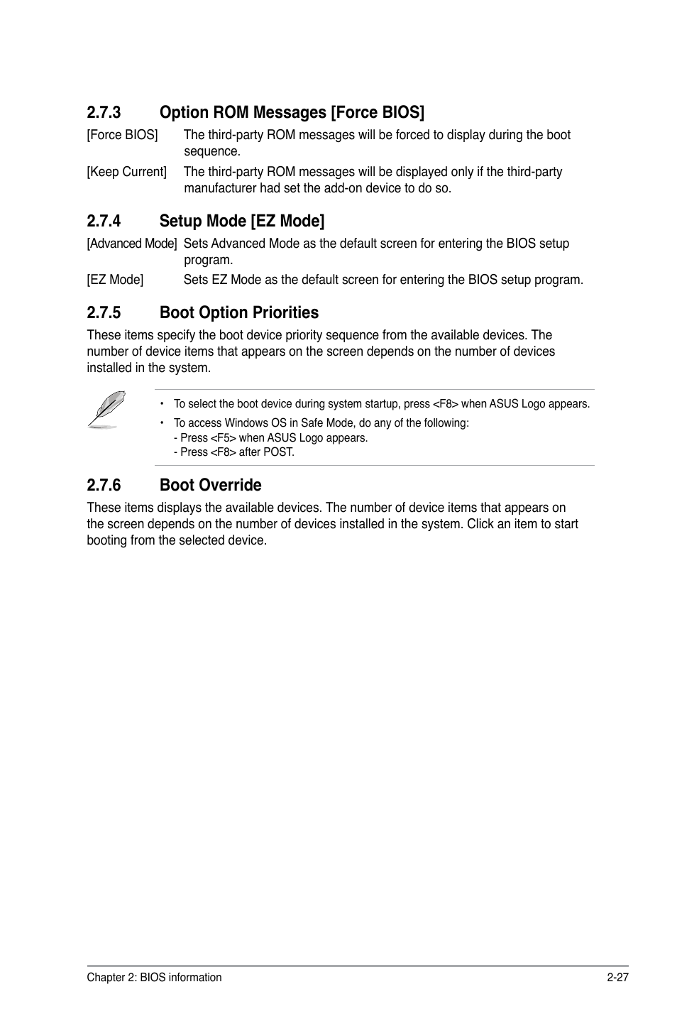 3 option rom messages [force bios, 4 setup mode [ez mode, 5 boot option priorities | 6 boot override, Option rom messages -27, Setup mode -27, Boot option priorities -27, Boot override -27 | Asus P8H61-M User Manual | Page 69 / 74