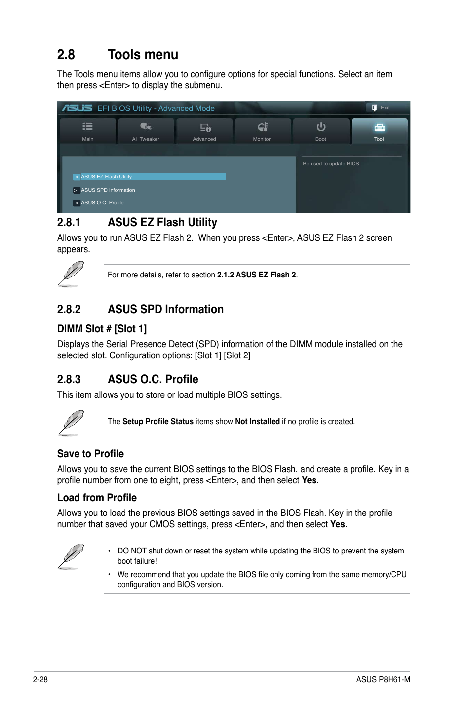 8 tools menu, 1 asus ez flash utility, 2 asus spd information | 3 asus o.c. profile, Tools menu -28 2.8.1, Asus ez flash utility -28, Asus spd information -28, Asus o.c. profile -28, Save to profile, Load from profile | Asus P8H61-M User Manual | Page 70 / 74
