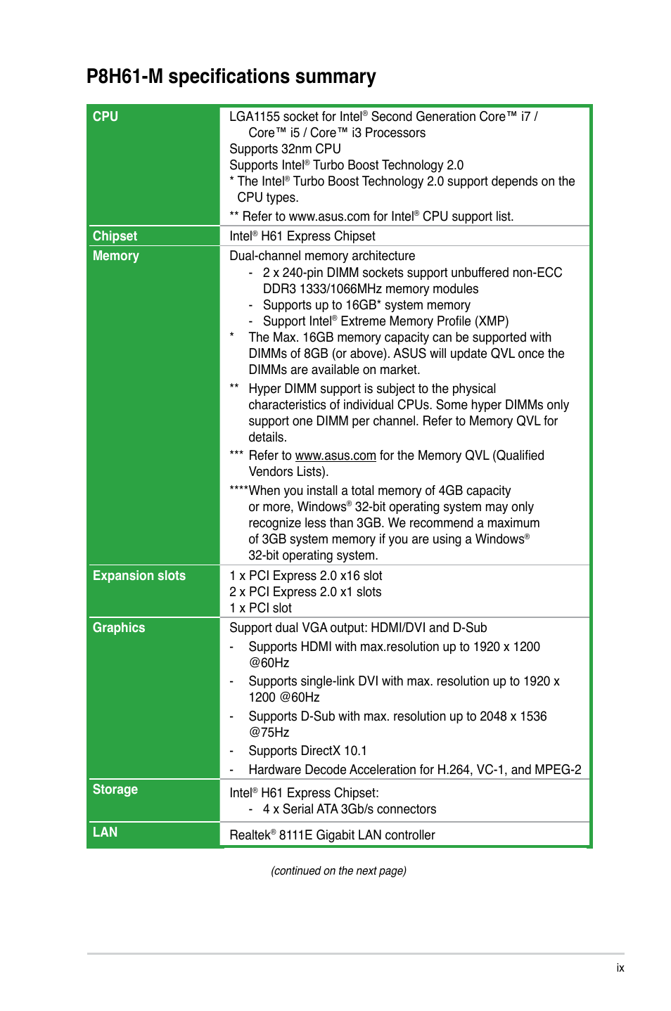 P8h61-m specifications summary | Asus P8H61-M User Manual | Page 9 / 74