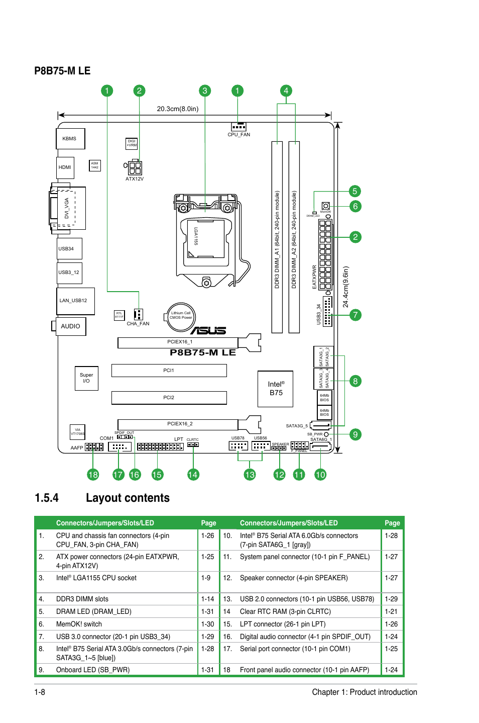 4 layout contents, Layout contents -8, P8b75-m le | 8 chapter 1: product introduction | Asus P8B75-M LE PLUS User Manual | Page 18 / 78