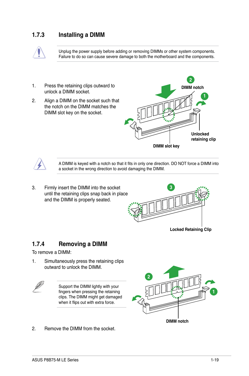 3 installing a dimm, 4 removing a dimm, Installing a dimm -19 | Removing a dimm -19 | Asus P8B75-M LE PLUS User Manual | Page 29 / 78