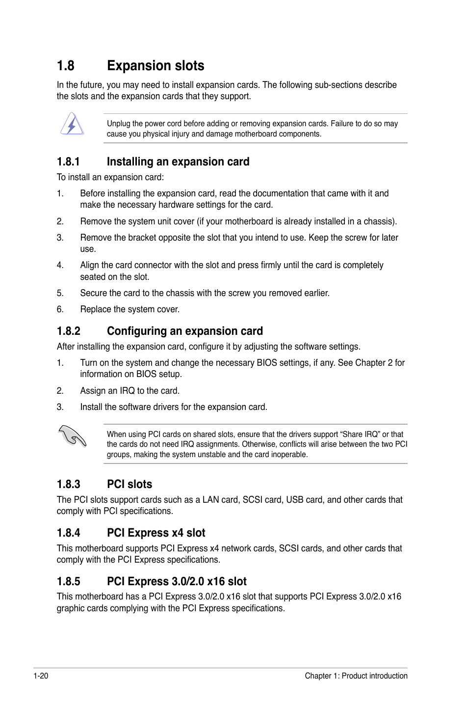 8 expansion slots, 1 installing an expansion card, 2 configuring an expansion card | 3 pci slots, 4 pci express x4 slot, 5 pci express 3.0/2.0 x16 slot, Expansion slots -20 1.8.1, Installing an expansion card -20, Configuring an expansion card -20, Pci slots -20 | Asus P8B75-M LE PLUS User Manual | Page 30 / 78