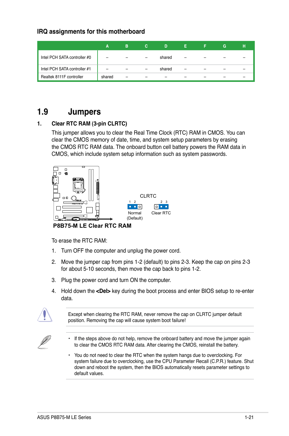 9 jumpers, Jumpers -21, Irq assignments for this motherboard | P8b75-m le clear rtc ram | Asus P8B75-M LE PLUS User Manual | Page 31 / 78