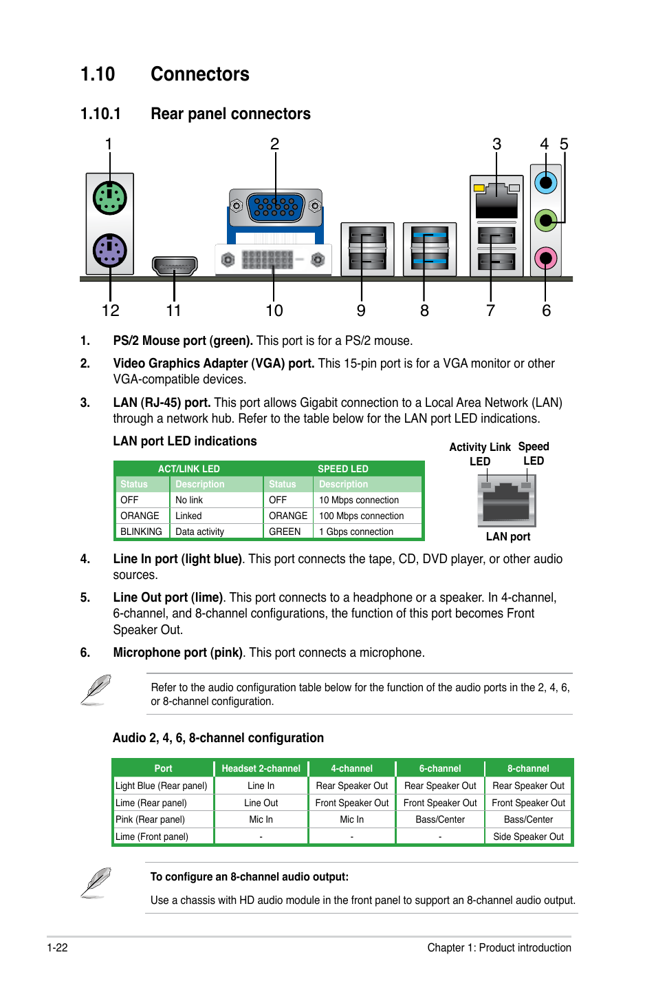 10 connectors, 1 rear panel connectors, 10 connectors -22 | 1 rear panel connectors -22 | Asus P8B75-M LE PLUS User Manual | Page 32 / 78