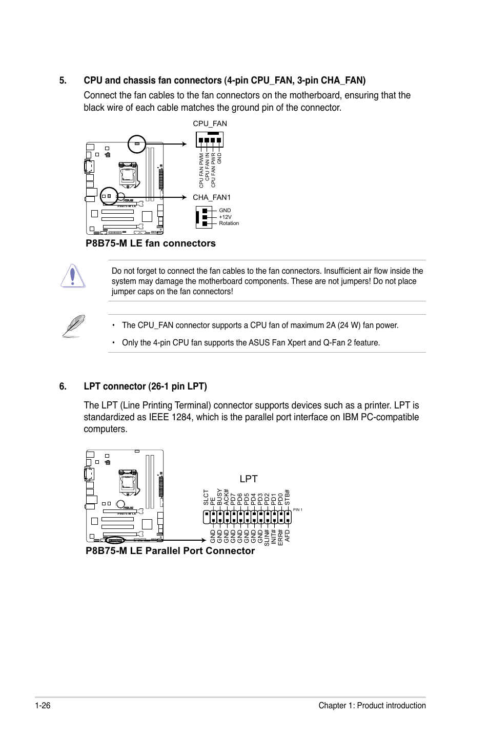 P8b75-m le fan connectors, P8b75-m le parallel port connector lpt | Asus P8B75-M LE PLUS User Manual | Page 36 / 78