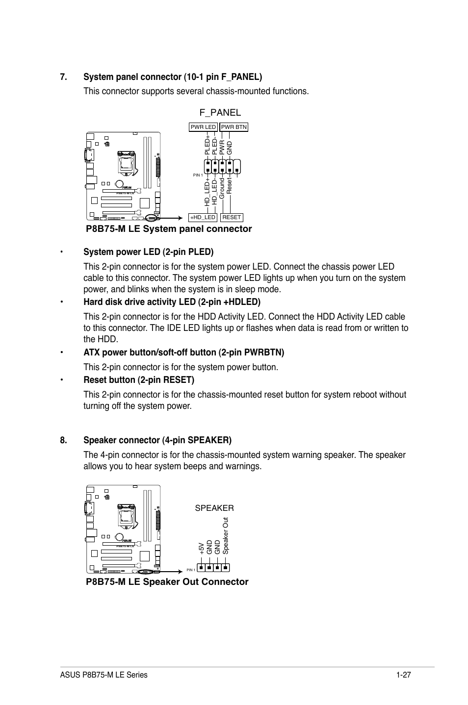 P8b75-m le system panel connector, F_panel, P8b75-m le speaker out connector | Asus P8B75-M LE PLUS User Manual | Page 37 / 78