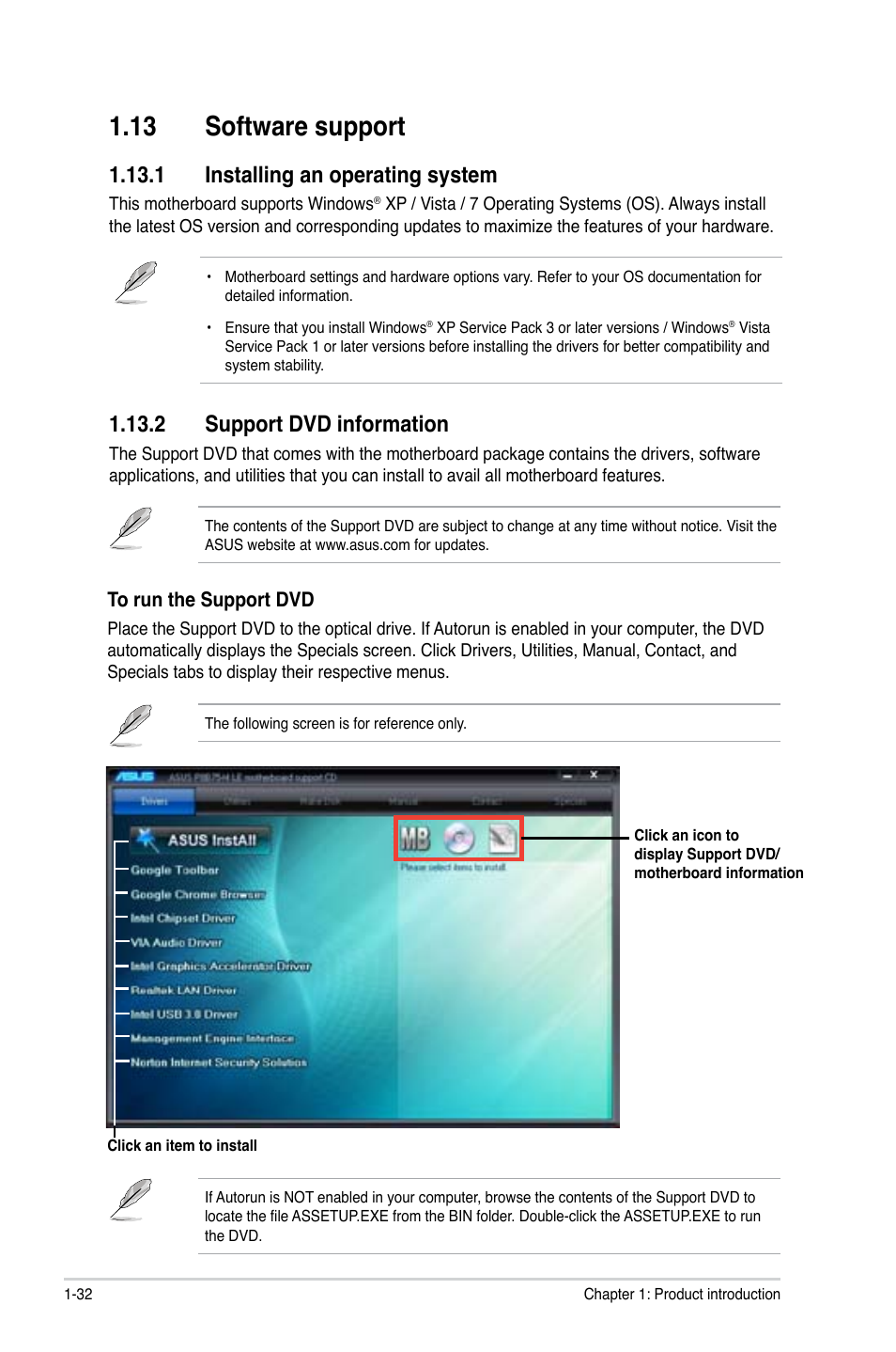 13 software support, 1 installing an operating system, 2 support dvd information | 13 software support -32 | Asus P8B75-M LE PLUS User Manual | Page 42 / 78