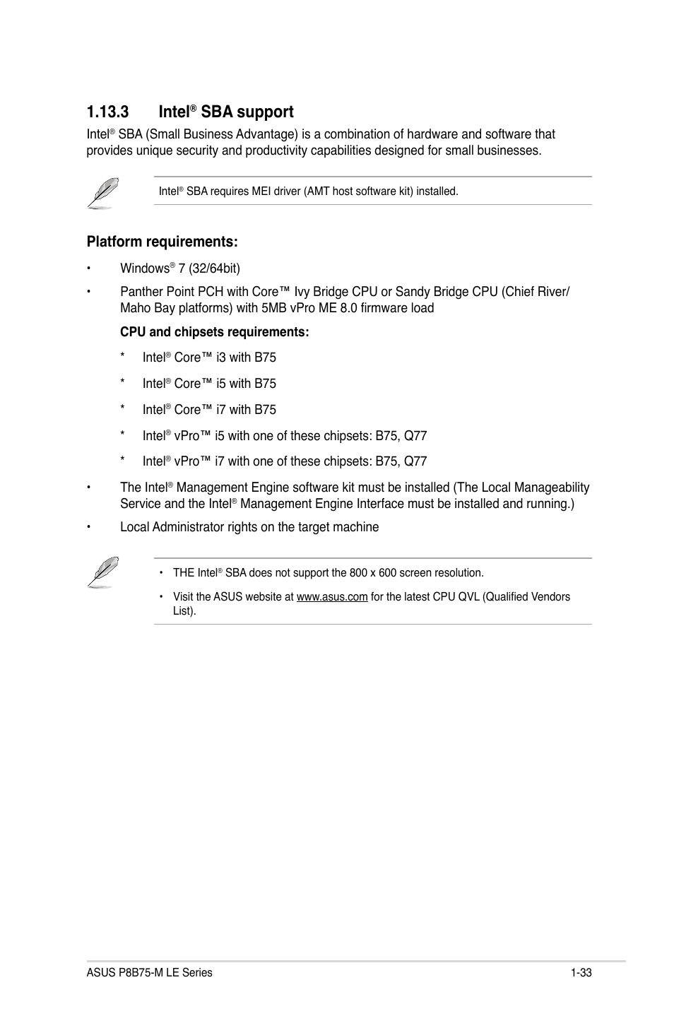 3 intel® sba support, 3 intel, Sba support -33 | Sba support, Platform requirements | Asus P8B75-M LE PLUS User Manual | Page 43 / 78