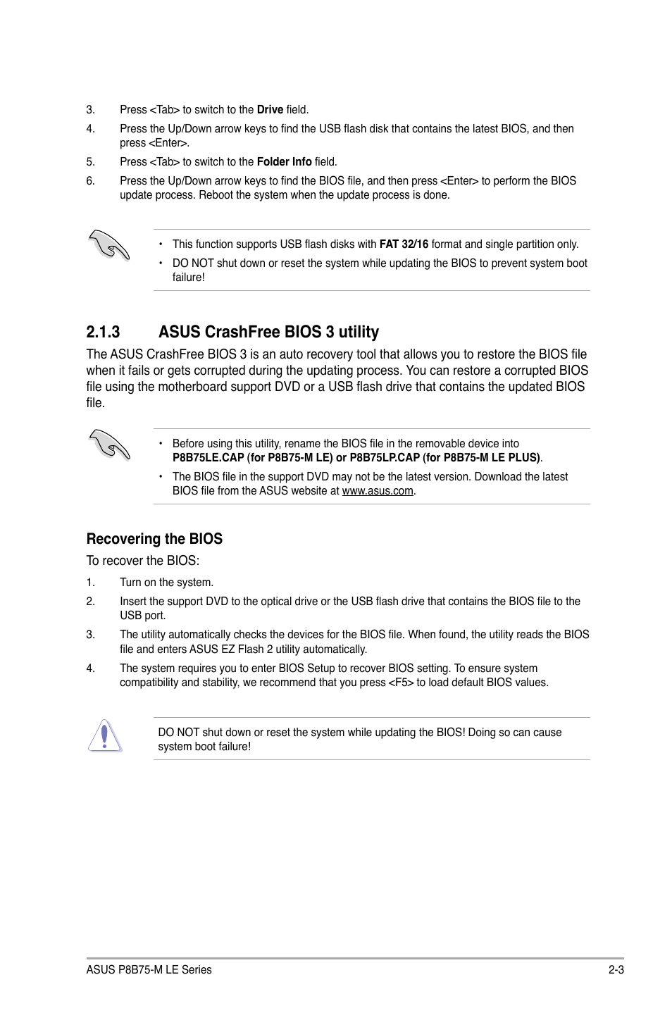 3 asus crashfree bios 3 utility, Asus crashfree bios 3 utility -3, Recovering the bios | Asus P8B75-M LE PLUS User Manual | Page 47 / 78