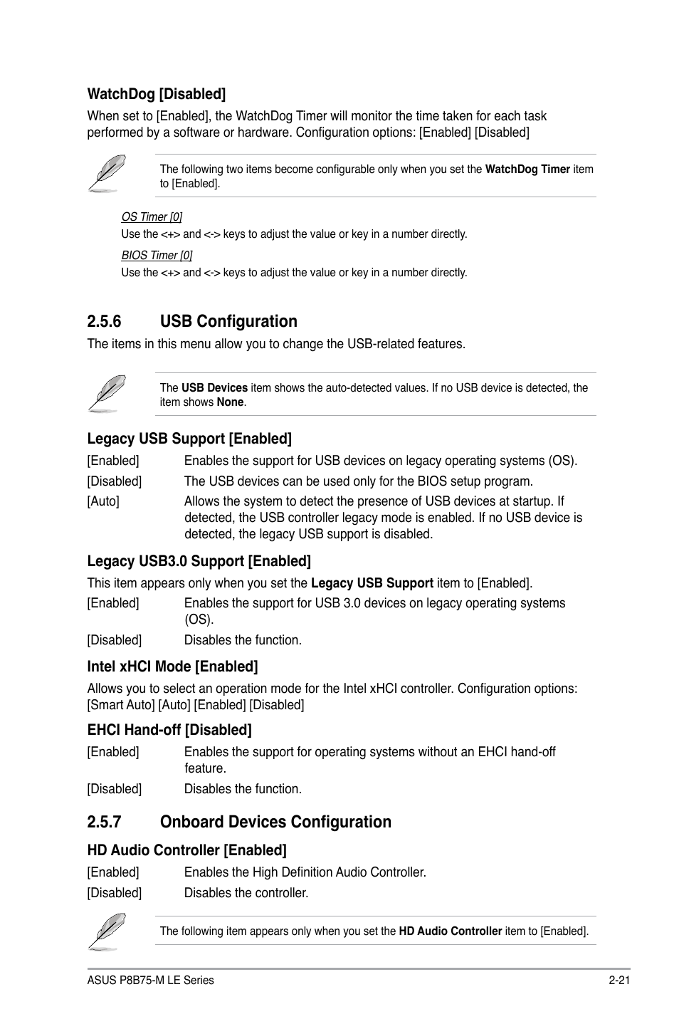 6 usb configuration, 7 onboard devices configuration, Usb configuration -21 | Onboard devices configuration -21 | Asus P8B75-M LE PLUS User Manual | Page 65 / 78