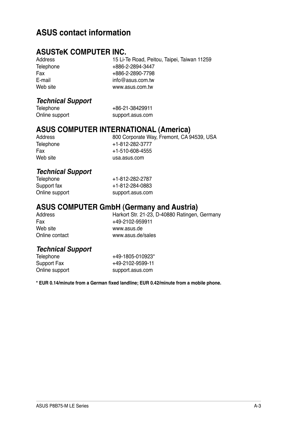 Asus contact information, Asustek computer inc, Asus computer international (america) | Asus computer gmbh (germany and austria), Technical support | Asus P8B75-M LE PLUS User Manual | Page 77 / 78