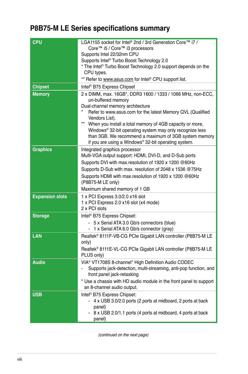 P8b75-m le series specifications summary | Asus P8B75-M LE PLUS User Manual | Page 8 / 78