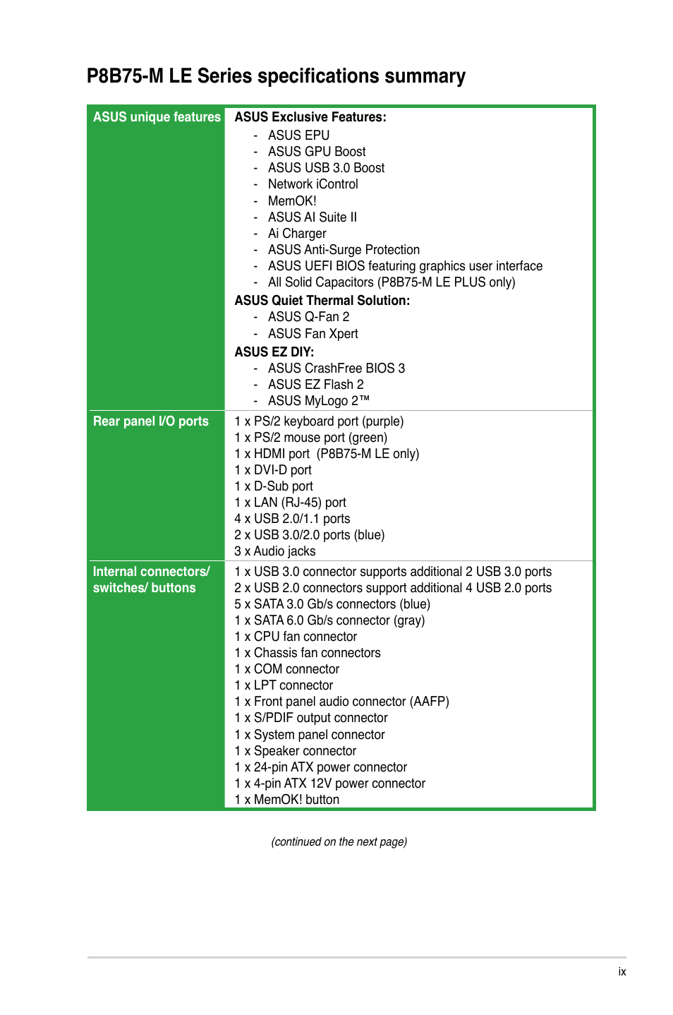 P8b75-m le series specifications summary | Asus P8B75-M LE PLUS User Manual | Page 9 / 78