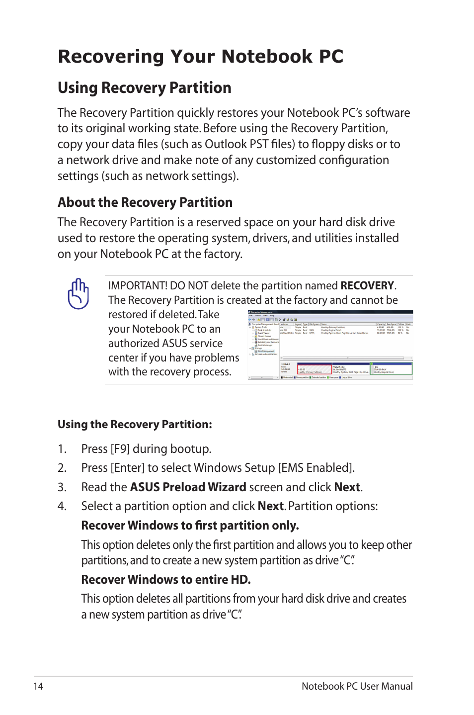 Recovering your notebook pc, Using recovery partition | Asus UL20FT User Manual | Page 14 / 28