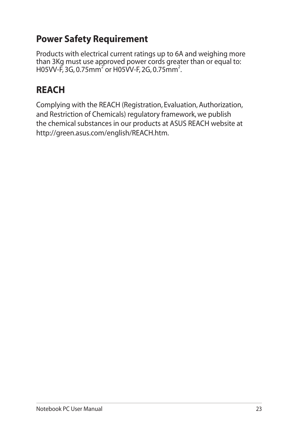Power safety requirement, Reach, Power safety requirement reach | Asus UL20FT User Manual | Page 23 / 28