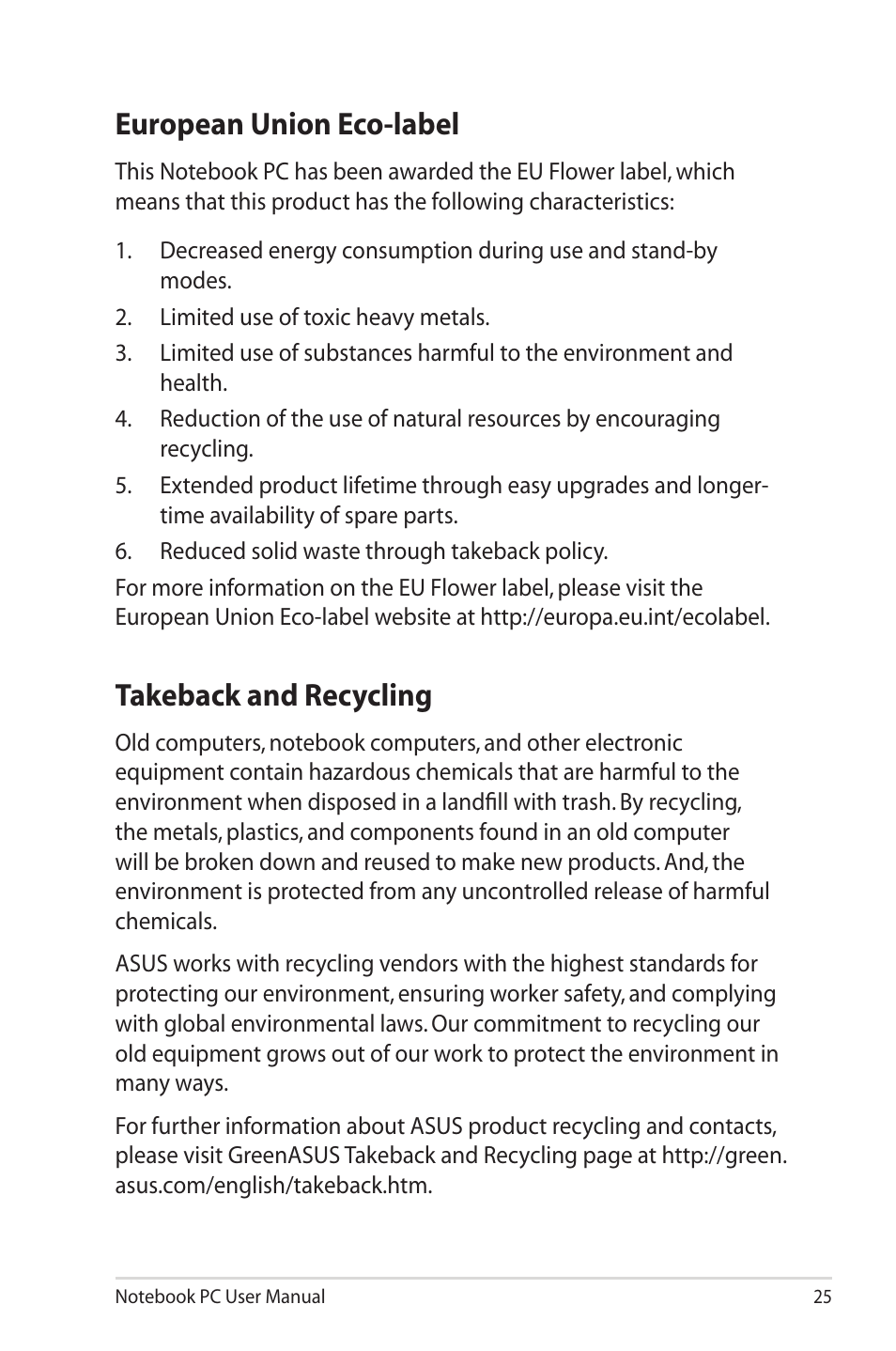 European union eco-label, Takeback and recycling, European union eco-label takeback and recycling | Asus UL20FT User Manual | Page 25 / 28