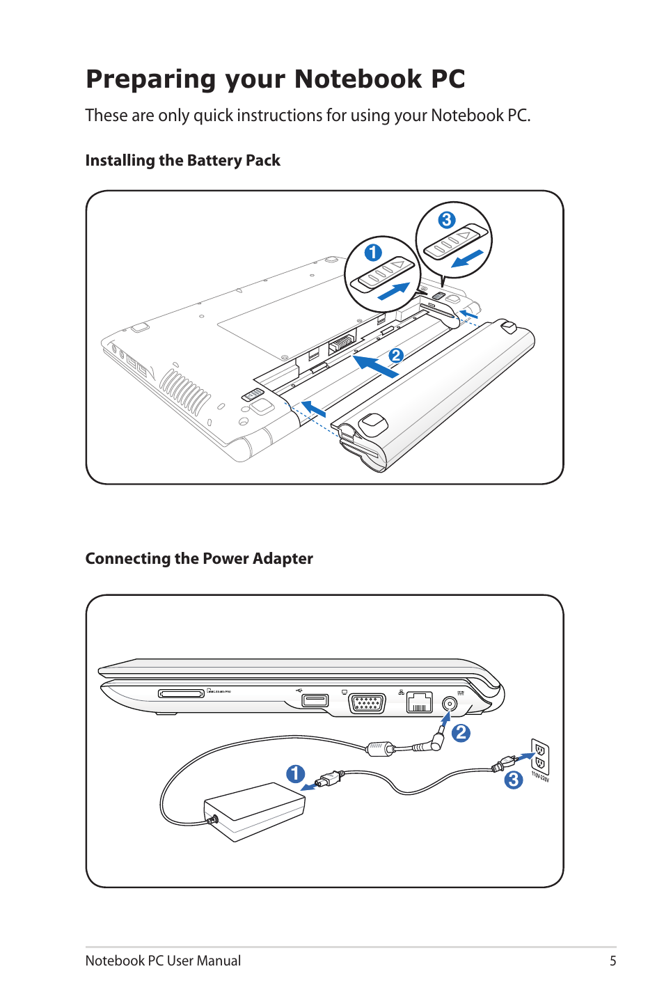 Preparing your notebook pc | Asus UL20FT User Manual | Page 5 / 28