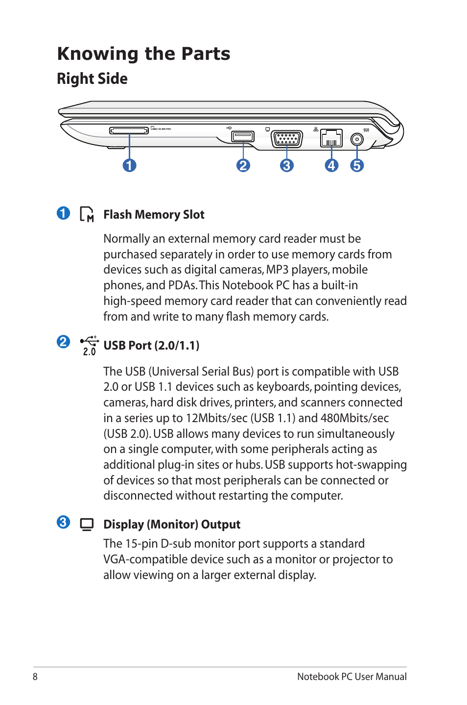 Knowing the parts, Right side | Asus UL20FT User Manual | Page 8 / 28