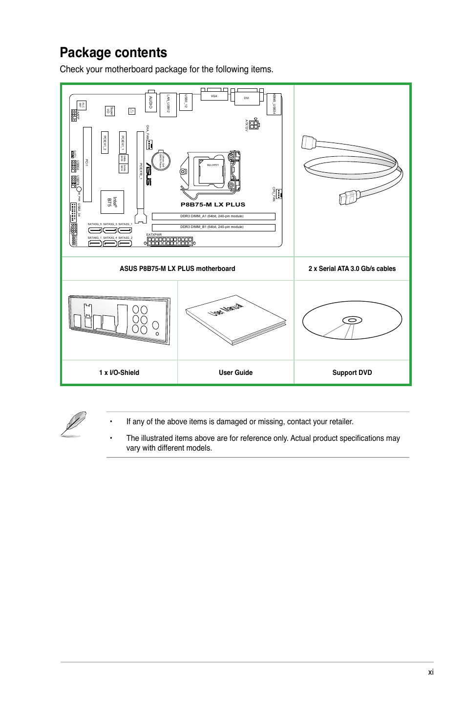 Package contents, User manual, 1 x i/o-shield user guide support dvd | Asus P8B75-M LX PLUS User Manual | Page 11 / 82