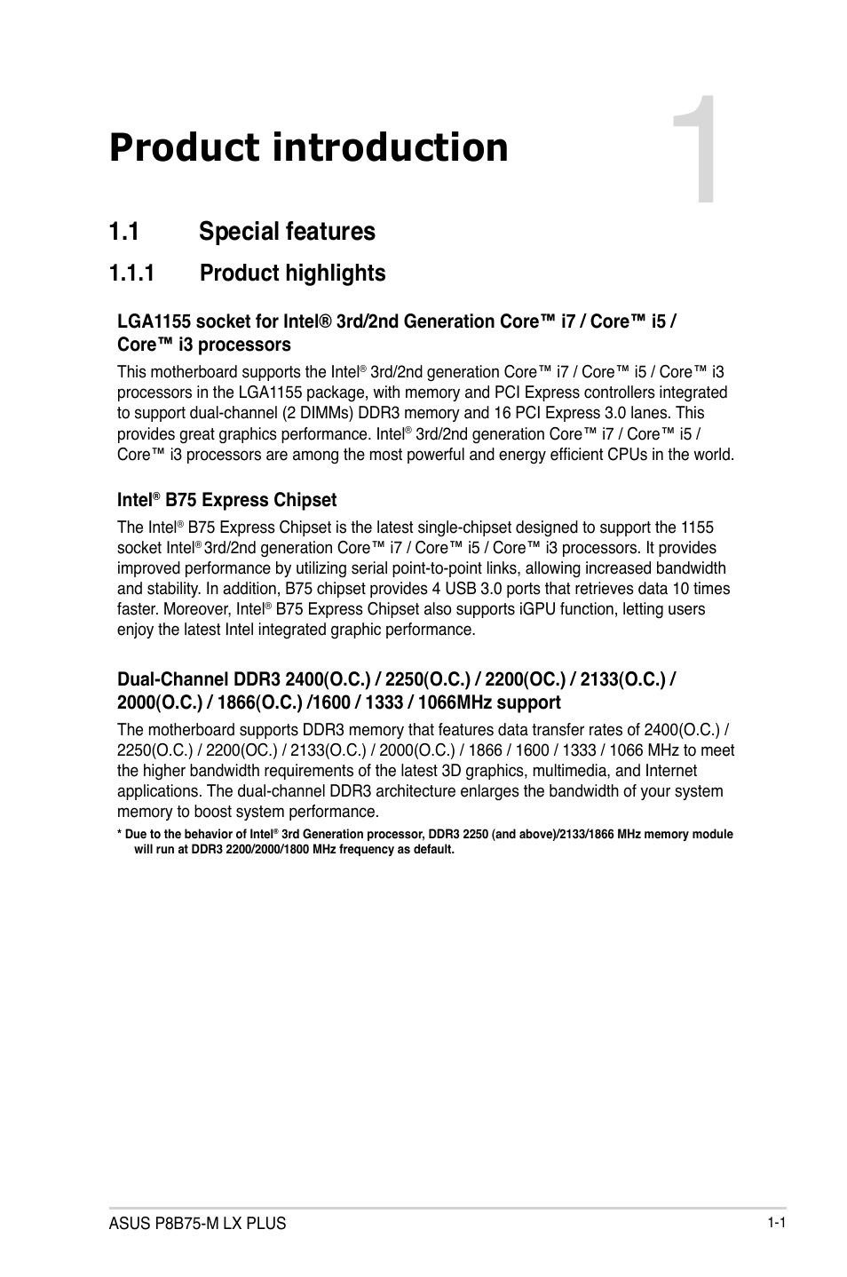 Product introduction, 1 special features, 1 product highlights | Asus P8B75-M LX PLUS User Manual | Page 13 / 82