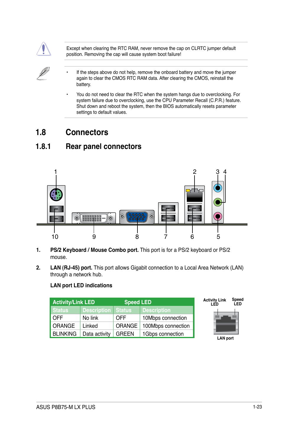 8 connectors, 1 rear panel connectors | Asus P8B75-M LX PLUS User Manual | Page 35 / 82