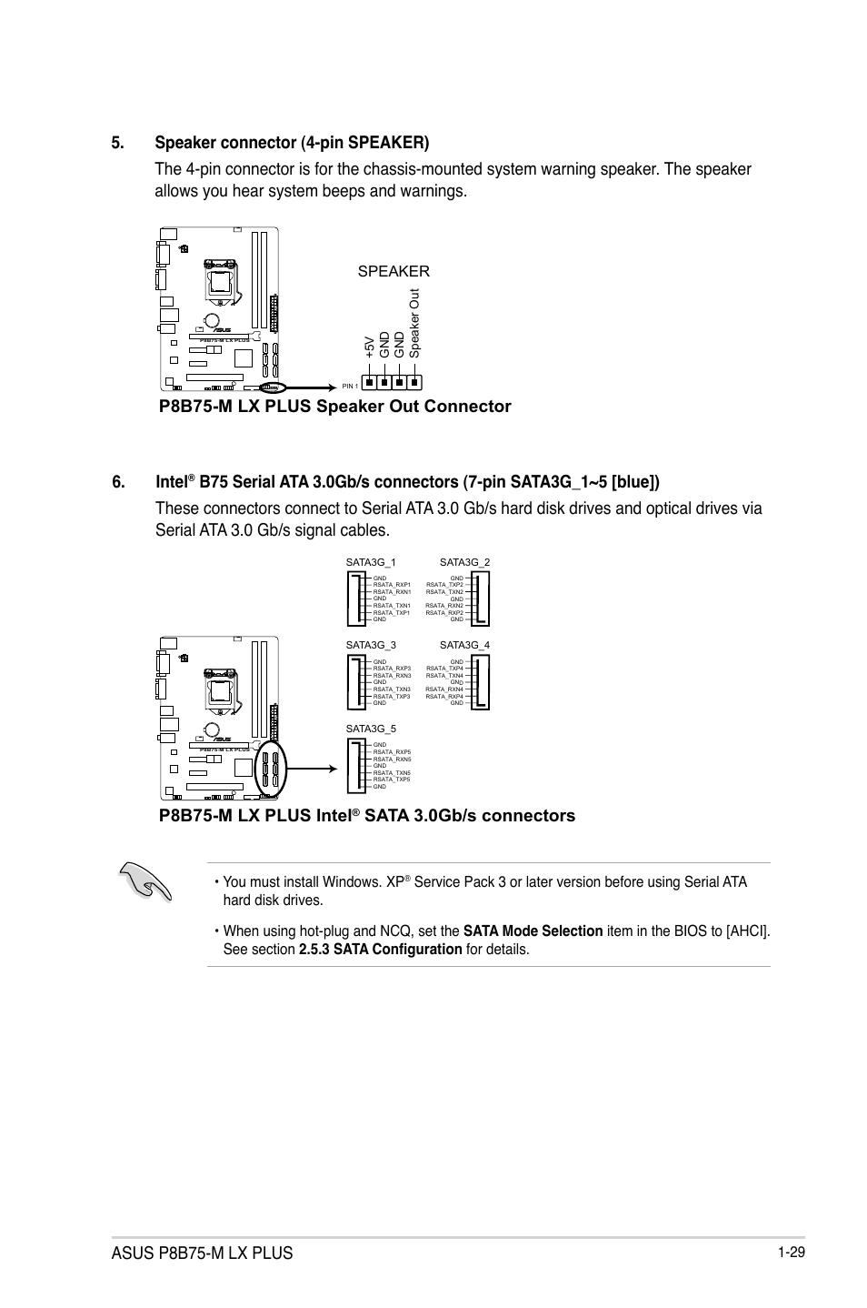 Asus p8b75-m lx plus, Intel, P8b75-m lx plus intel | Sata 3.0gb/s connectors, P8b75-m lx plus speaker out connector, You must install windows. xp, Speaker | Asus P8B75-M LX PLUS User Manual | Page 41 / 82