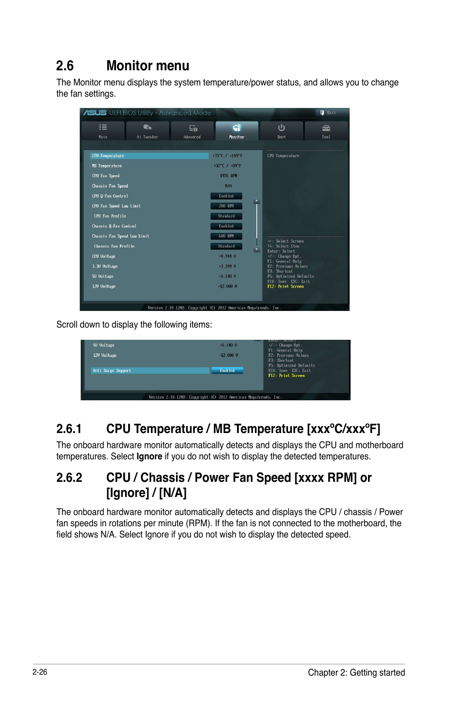 6 monitor menu, 1 cpu temperature / mb temperature [xxxºc/xxxºf | Asus P8B75-M LX PLUS User Manual | Page 72 / 82