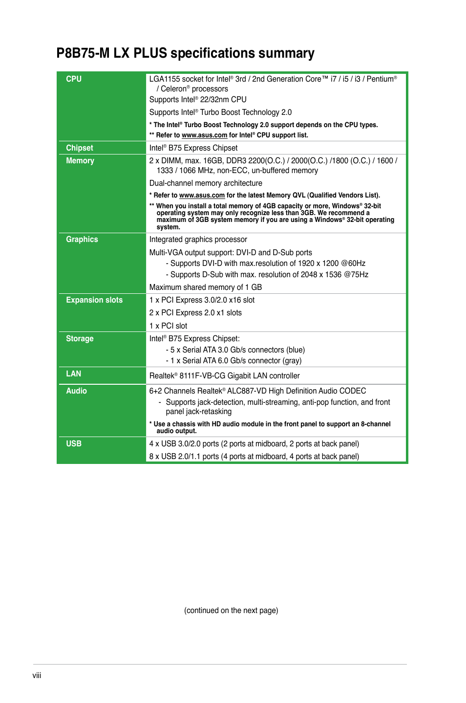 P8b75-m lx plus specifications summary | Asus P8B75-M LX PLUS User Manual | Page 8 / 82