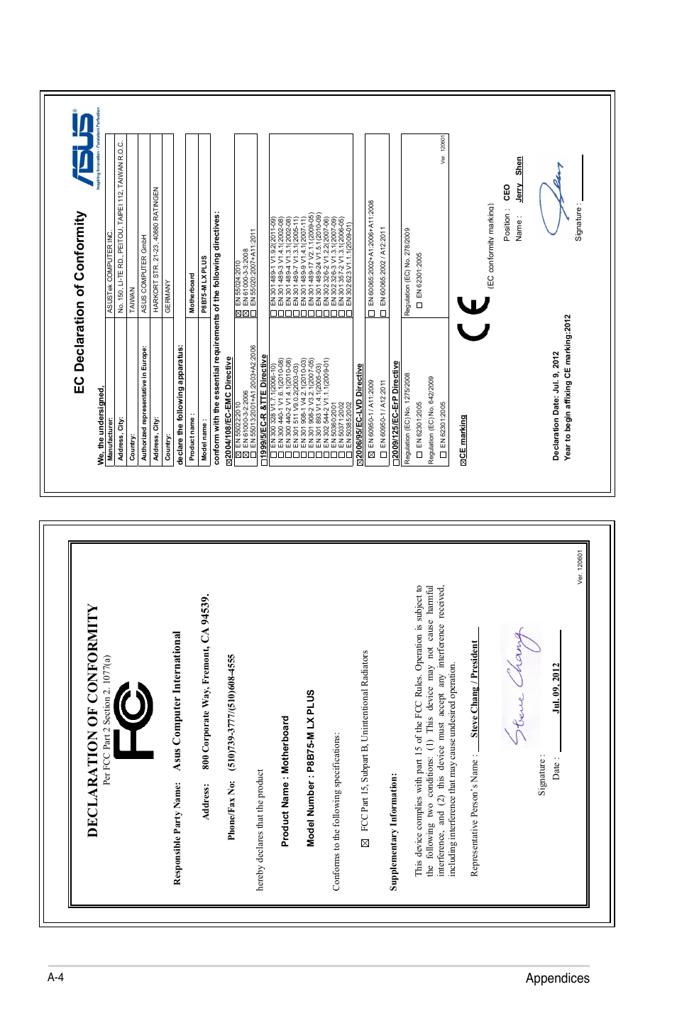 Declaration of conformity, Appendices, Ec declaration of conformity | Asu s c om pu te r in te rn at io na l | Asus P8B75-M LX PLUS User Manual | Page 82 / 82